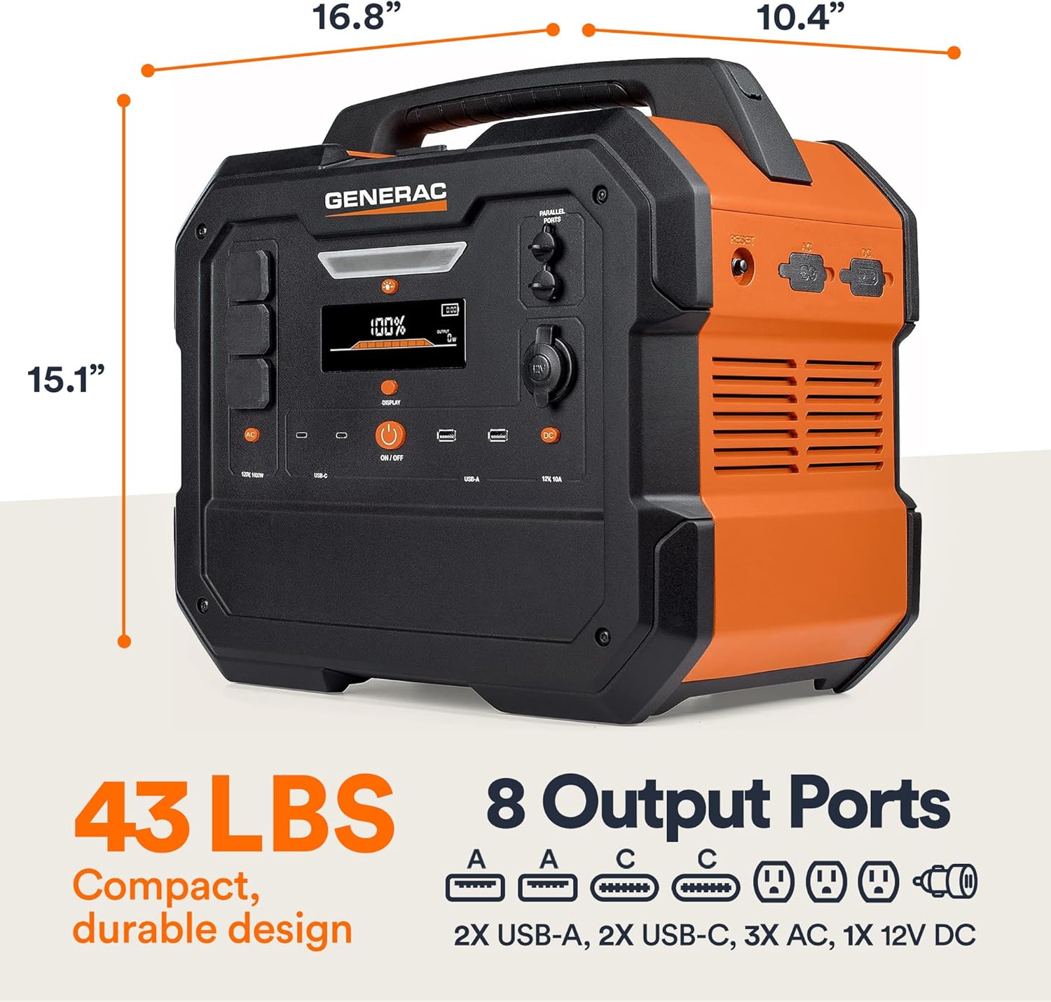 Generac 2106Wh Portable Power Station with Lithium-Ion Battery - Clean, Emission-Free Power - Wirless Charging Pad and Compact Design - Camping, RV, Indoor/Outdoor Use - Orange/Black