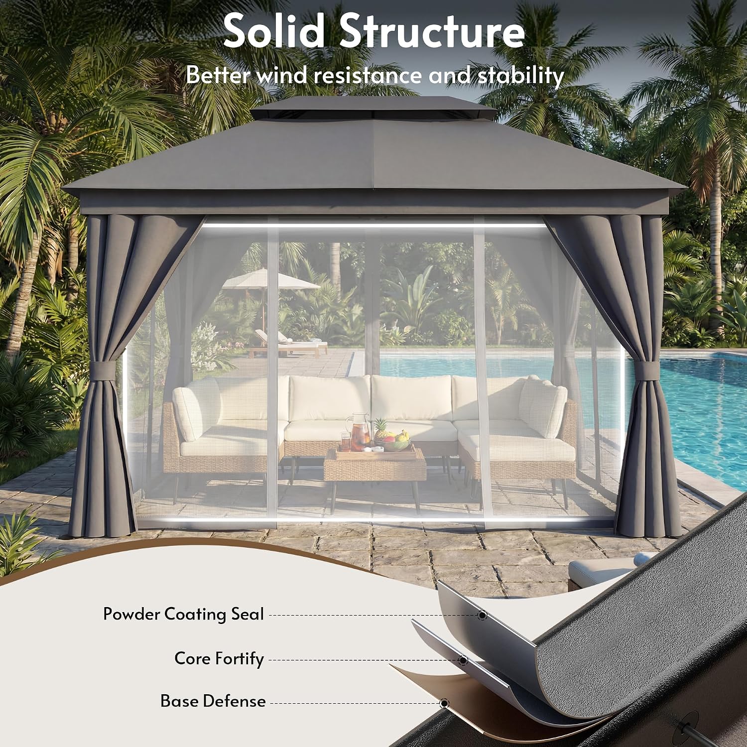 Outdoor Patio Gazebo 10x13, Heavy Duty Metal Frame Canopy Tent Shelter with Double Roof Design, Patio Gazebo with Mosquito Nettings and Privacy Screens for Backyard, Deck, Lawn, Garden