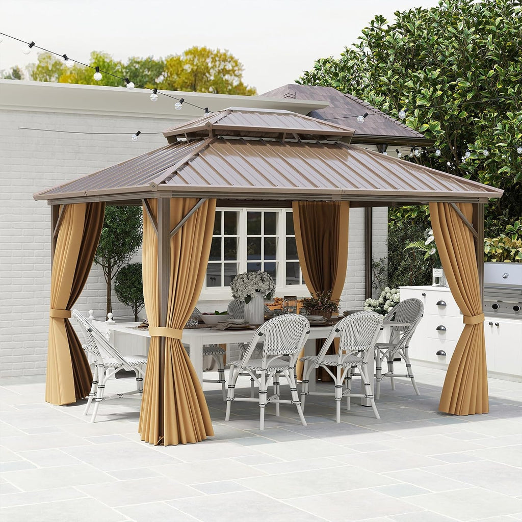 Tangkula 10x12 FT Hardtop Gazebo, Permanent Pavilion Shelter with Netting & Curtain, Heavy-Duty Double Galvanized Metal Roof, Aluminum Frame, Outdoor Gazebo for Patio Garden Deck Lawn Backyard
