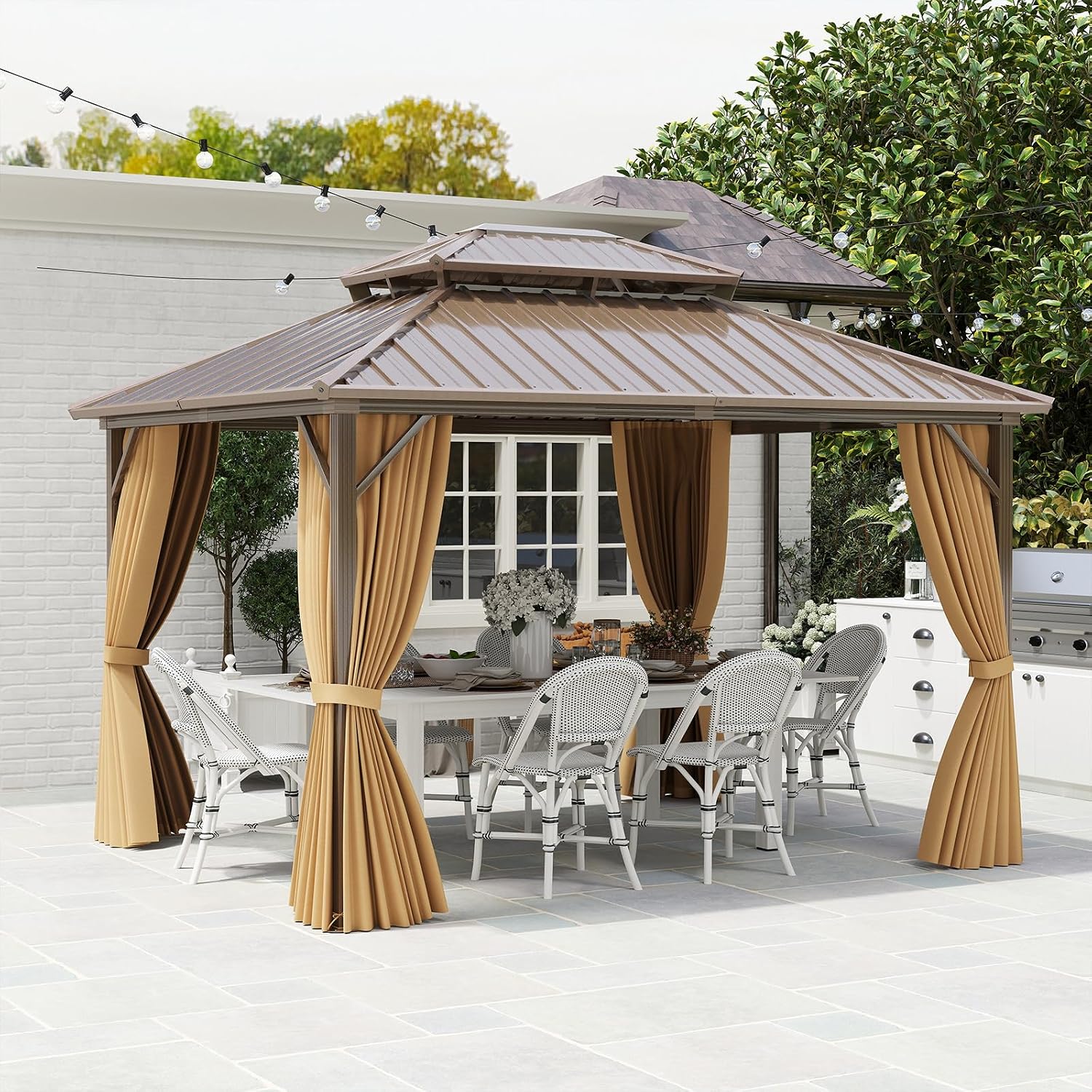 Tangkula 10x12 FT Hardtop Gazebo, Permanent Pavilion Shelter with Netting & Curtain, Heavy-Duty Double Galvanized Metal Roof, Aluminum Frame, Outdoor Gazebo for Patio Garden Deck Lawn Backyard