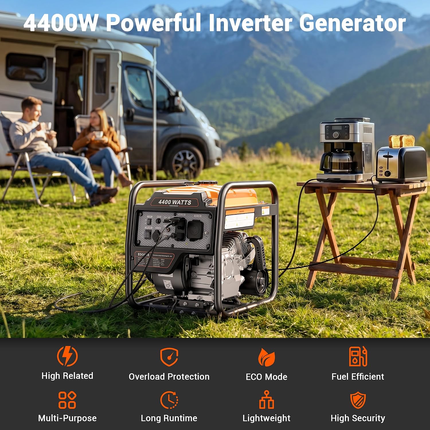 4400 Watt Open Frame Inverter Generator, Gas Powered Portable Generator for Home Backup, RV Ready 30A Outlet, ECO Mode, Quiet Operation, Low Oil Shutoff, Emergency Power, EPA Compliant