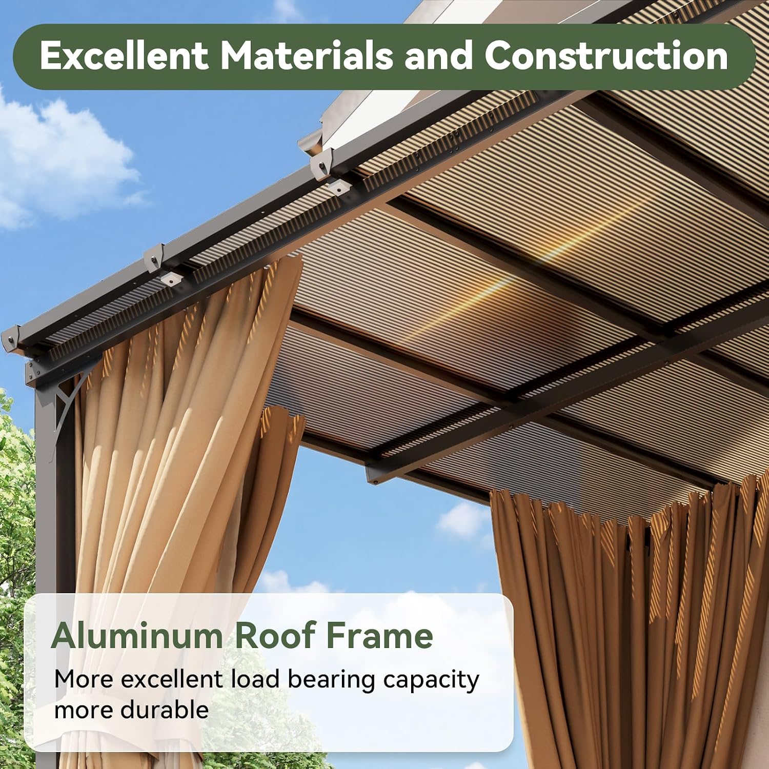 Aoxun 10'x12' Lean to Gazebo with Mosquito Net and Curtains, Aluminum Frame, Polycarbonate Panel, Wall Mounted Pergola with Sloped Roof for Backyard, Porch, Deck