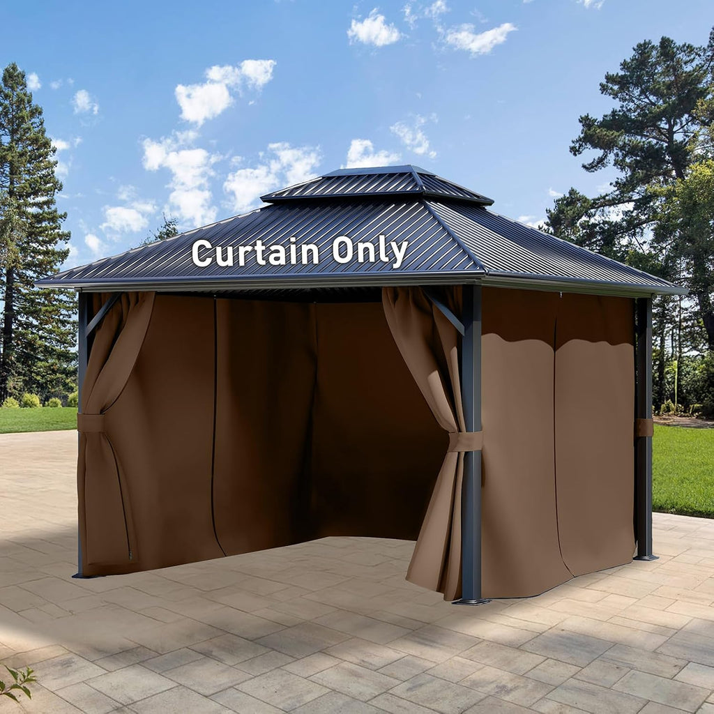 Aoodor 12x14 ft Outdoor Gazebo Curtains, 4 Panels Waterproof Privacy Sidewall Replacement with Zipper for Patio Pergola and Canopy, Brown