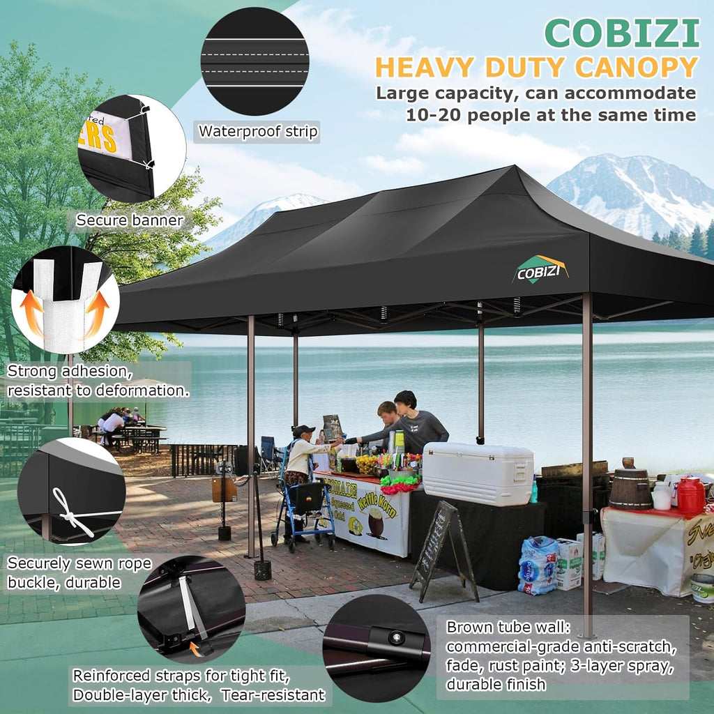 COBIZI 10x30 Pop Up Heavy Duty Canopy with 8 Sidewalls and Hexagonal Legs, Easy up Tent for Party, Wedding and Commercial, Outdoor Canopy with Roller Bag, Sand Bags, Waterproof & UPF50+ (Black)