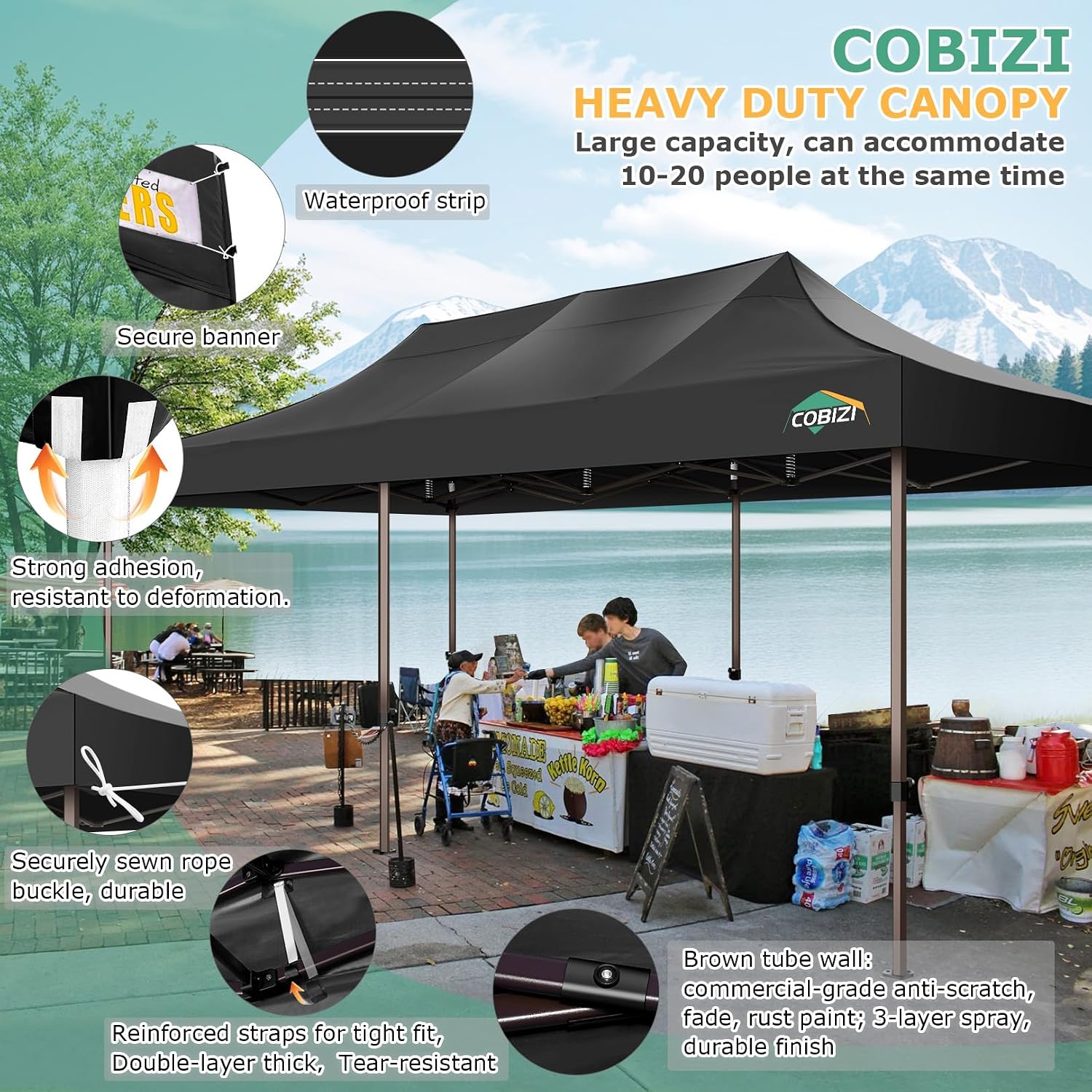 COBIZI 10x30 Pop Up Heavy Duty Canopy with 8 Sidewalls and Hexagonal Legs, Easy up Tent for Party, Wedding and Commercial, Outdoor Canopy with Roller Bag, Sand Bags, Waterproof & UPF50+ (Black)