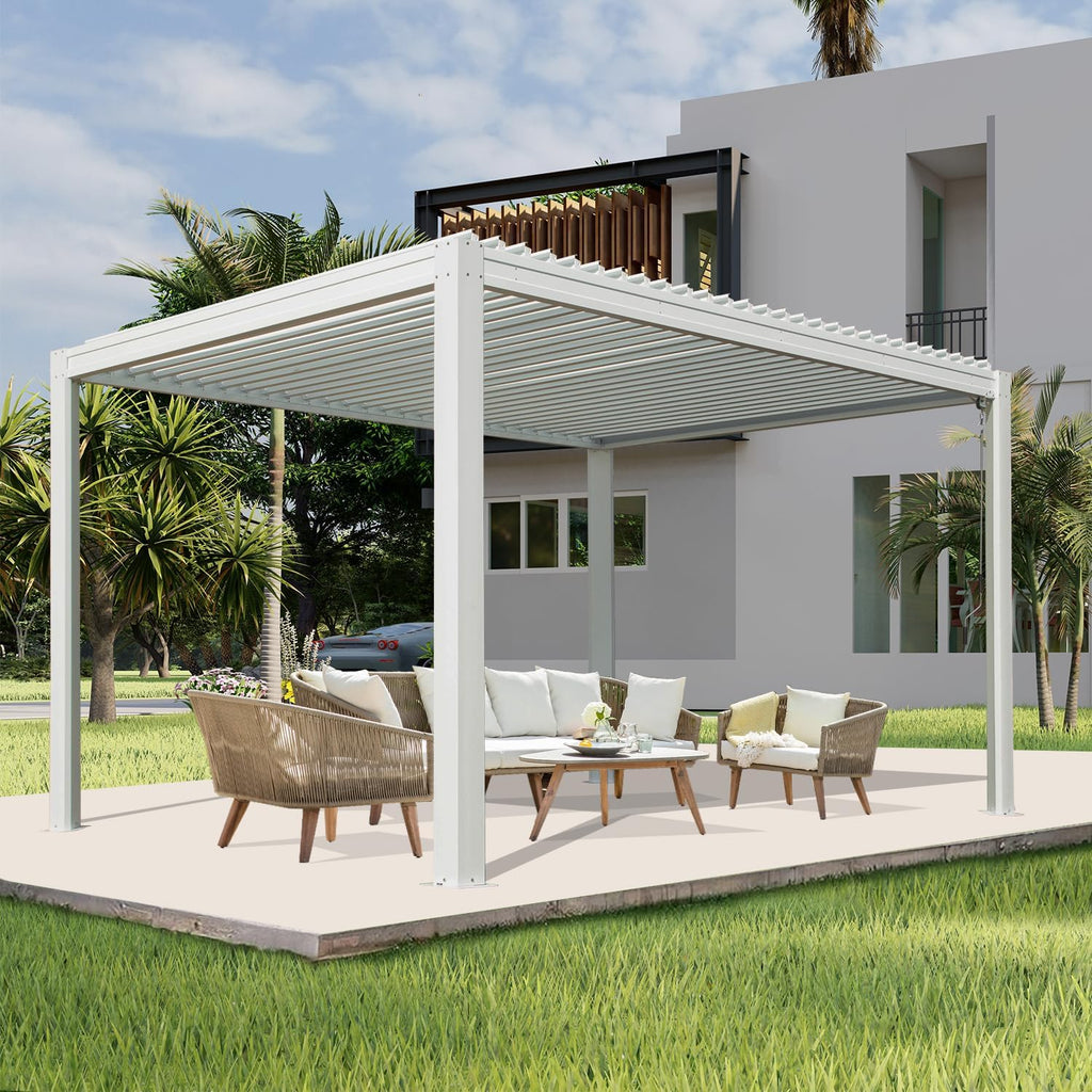 Domi Louvered Pergola 10×13 FT, Outdoor Aluminum Pergola with Adjustable Rainproof Roof and Drainage System, Metal Pergola Gazebo for Patio, Deck, Backyard, White