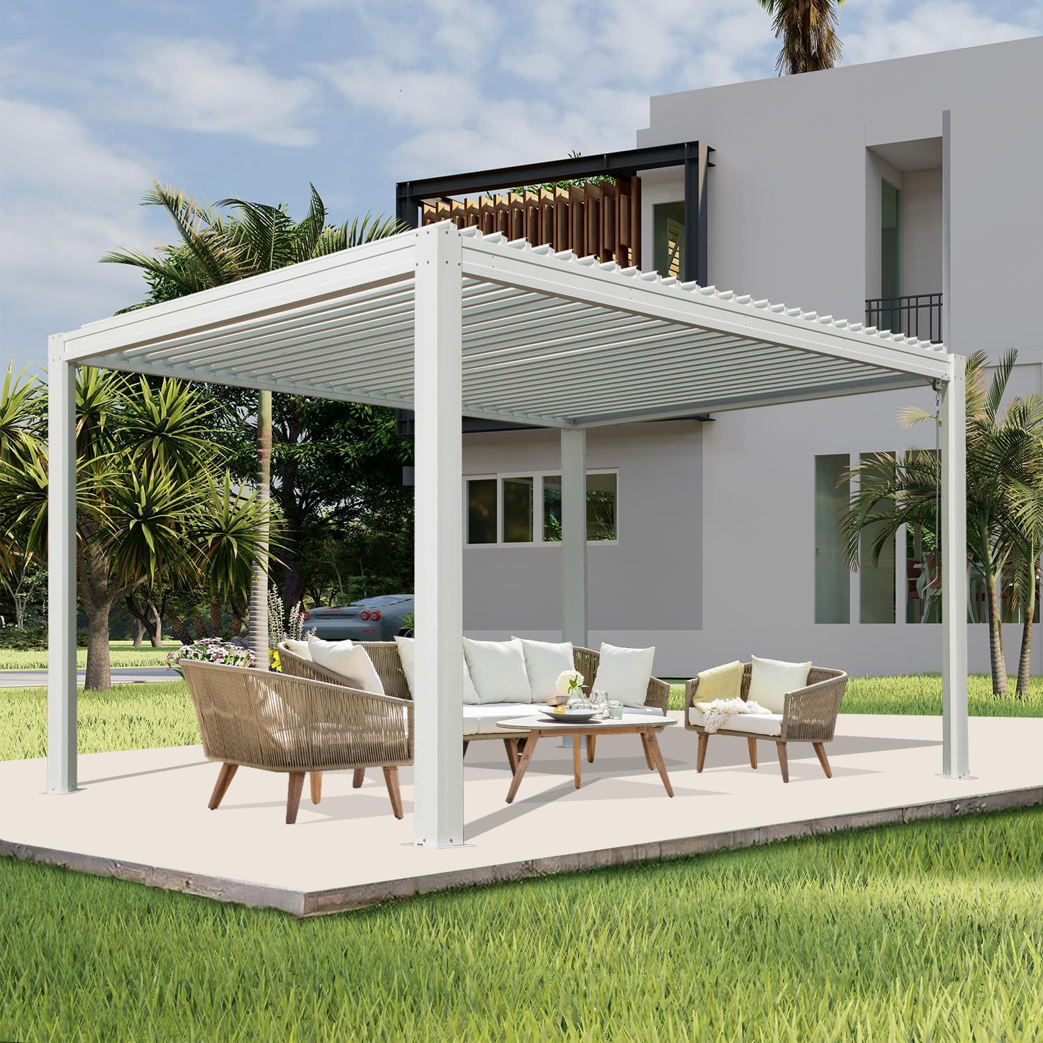 Domi Louvered Pergola 10×13 FT, Outdoor Aluminum Pergola with Adjustable Rainproof Roof and Drainage System, Metal Pergola Gazebo for Patio, Deck, Backyard, White