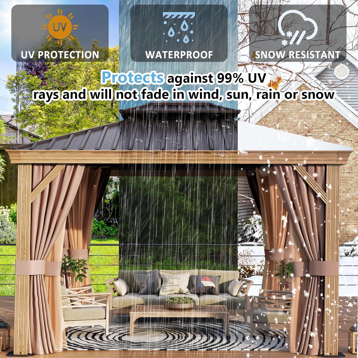 Aoxun 10' x 12' Gazebo, Wooden Finish Coated Aluminum Frame Canopy with Dual-Layer Galvanized Steel Hardtop Top, Outdoor Metal Gazebo with Privacy Curtains and Netting, for Deck, Patio and Backyard