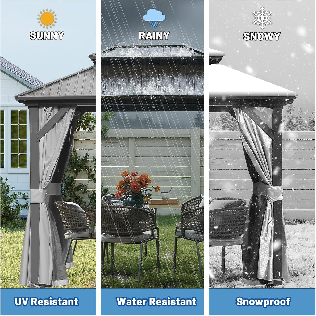 Hardtop Gazebo 8x10 FT, Metal Outdoor Gazebos with Galvanized Steel Double Roof, Curtains and Nettings, Permanent Gazebo Pavilion for Patio Wedding, Party, Outdoor Dining -Grey