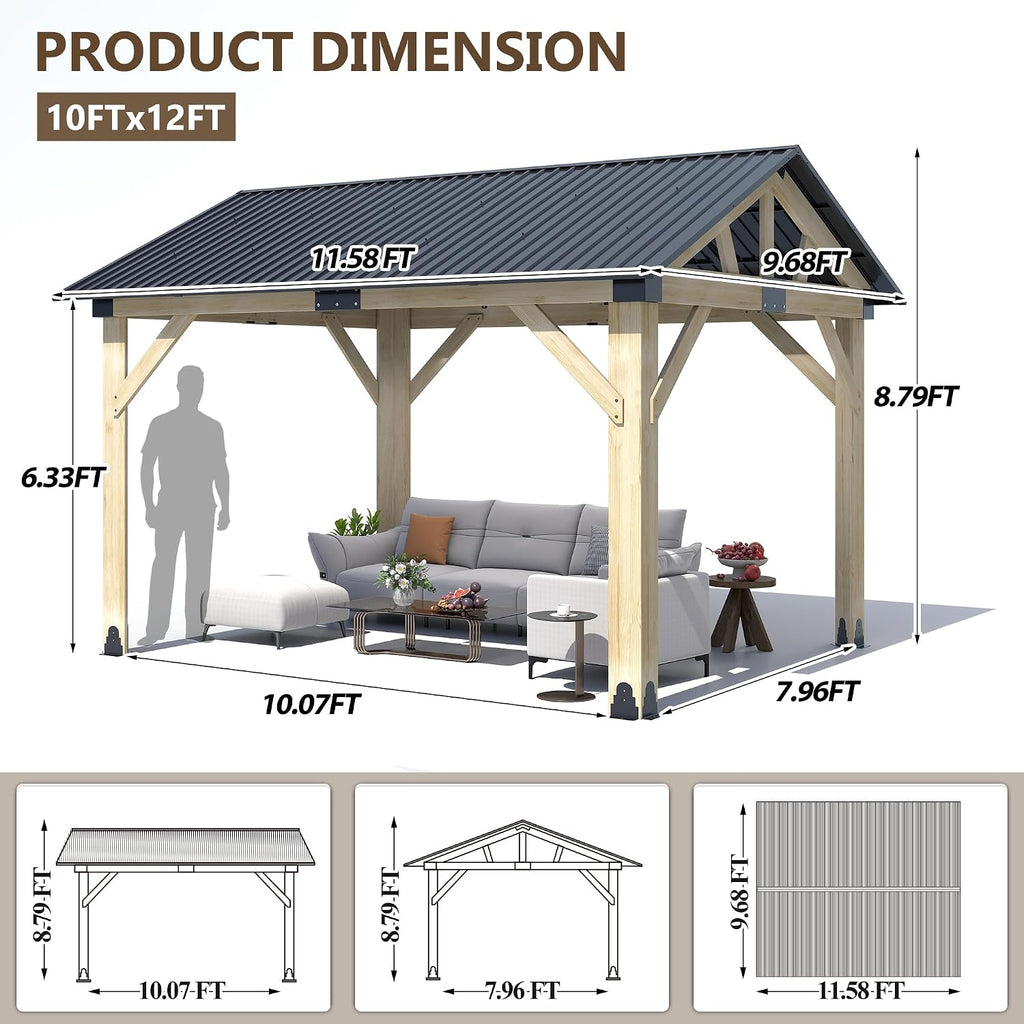 Wood Gazebo 10'x12', Cedar Wooden Gazebos, Outdoor Hardtop Gazebo with Waterproof Steel Roof, Fit Patio, Backyard, Garden, Lawns, Porch