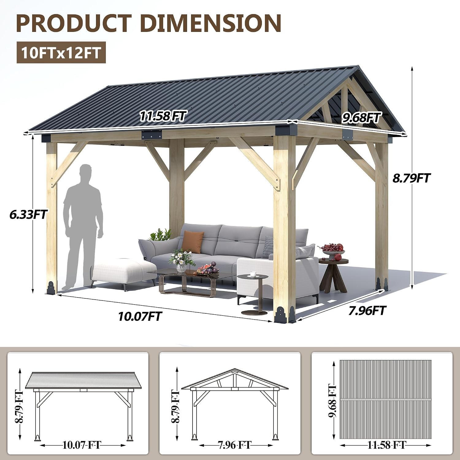 Wood Gazebo 10'x12', Cedar Wooden Gazebos, Outdoor Hardtop Gazebo with Waterproof Steel Roof, Fit Patio, Backyard, Garden, Lawns, Porch