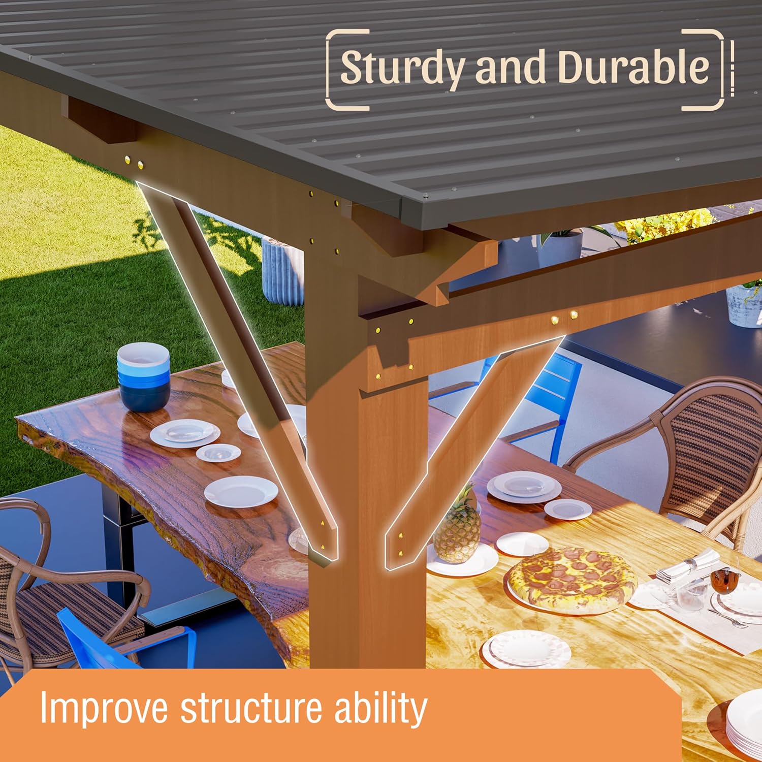 YOPTO 13.1x7.7 FT Gazebo,Outdoor Pergola W/Metal Roof,Lean to Gazebo W/UV-Resistant & Water Resistant,Wall-Mounted Heavy Duty Fir Wood Pergola W/Protective Corners,for Backyard Patio Garden,Brown
