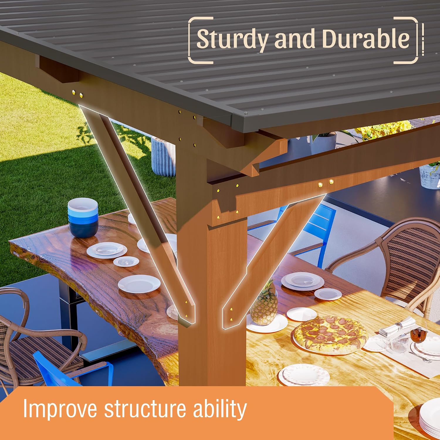 13 x 10 FT Spacious Wooden Garden Gazebo with Metal Roof, Spacious Outdoor Patio Shade Structure for Backyard, All-Weather Waterproof Brown Fir Wood Pergola, Brown