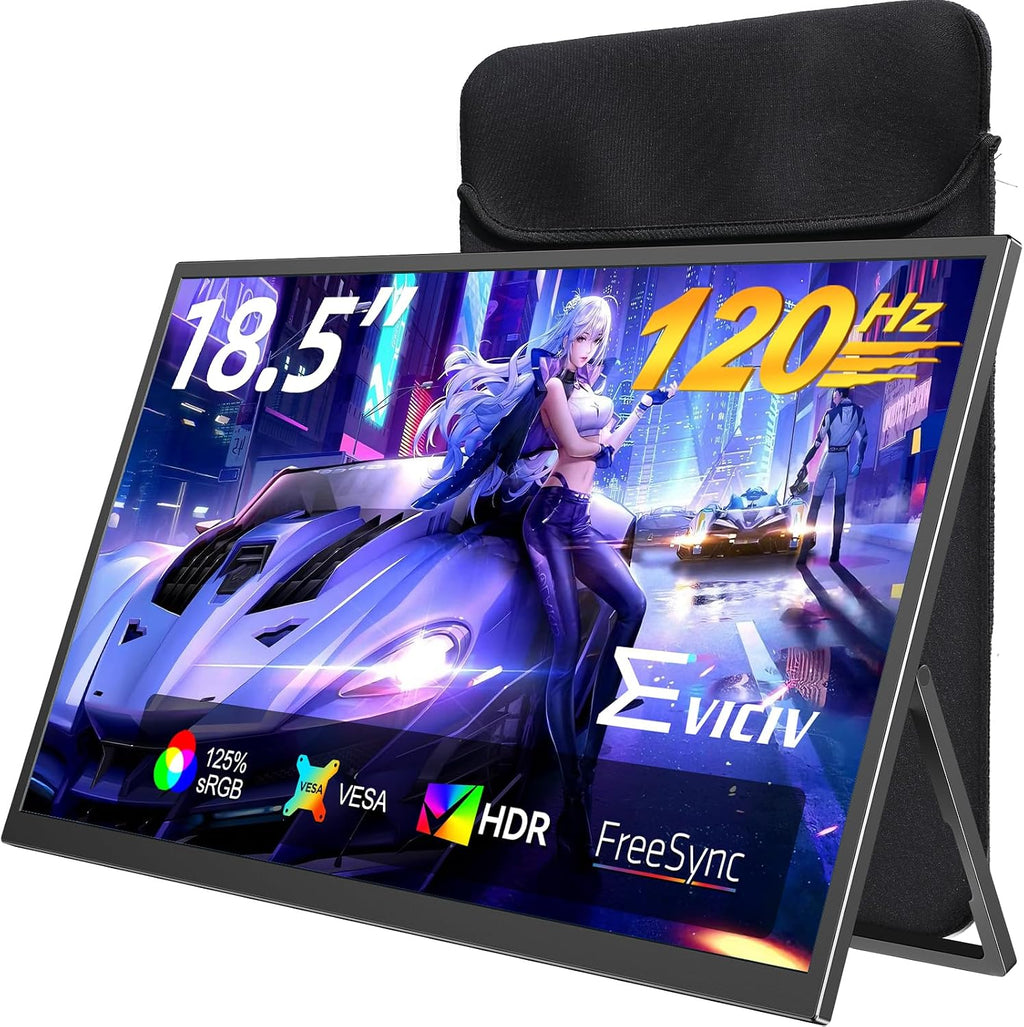 Portable Monitor 18.5' | 120HZ 1ms Gaming Monitor | 125% sRGB | FreeSync, HDR | 350Nits | USB-C & HDMI | VESA & Stand | Large Travel External Second Screen for Laptop, Computer, Game Consoles