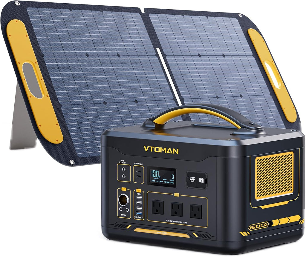 VTOMAN Jump 1500X Portable Power Station with 110W Solar Panel, 828Wh LiFePO4 Battery Solar Generator with 1500W AC Outlet, Jump Start, PD 100W Type-C for Camping, Home Backup, Outdoor Christmas Party