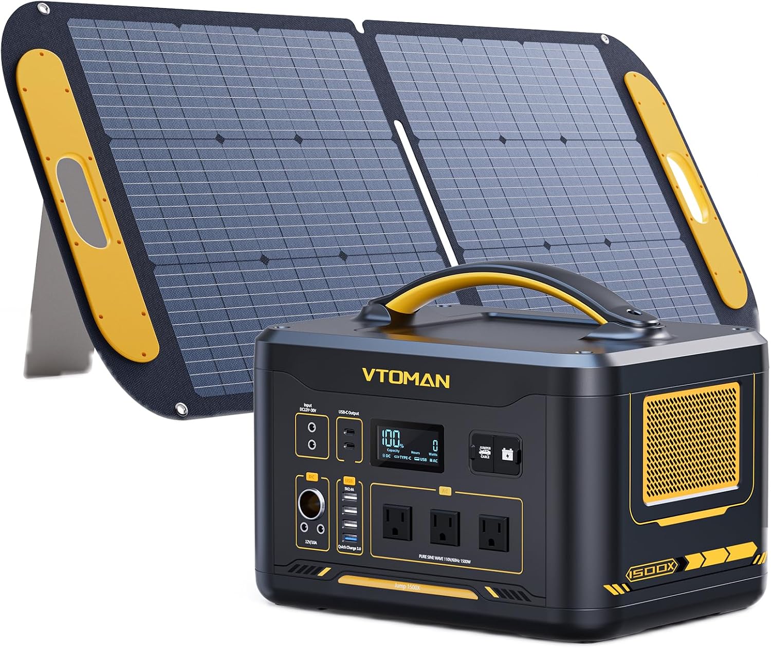 VTOMAN Jump 1500X Portable Power Station with 110W Solar Panel, 828Wh LiFePO4 Battery Solar Generator with 1500W AC Outlet, Jump Start, PD 100W Type-C for Camping, Home Backup, Outdoor Christmas Party
