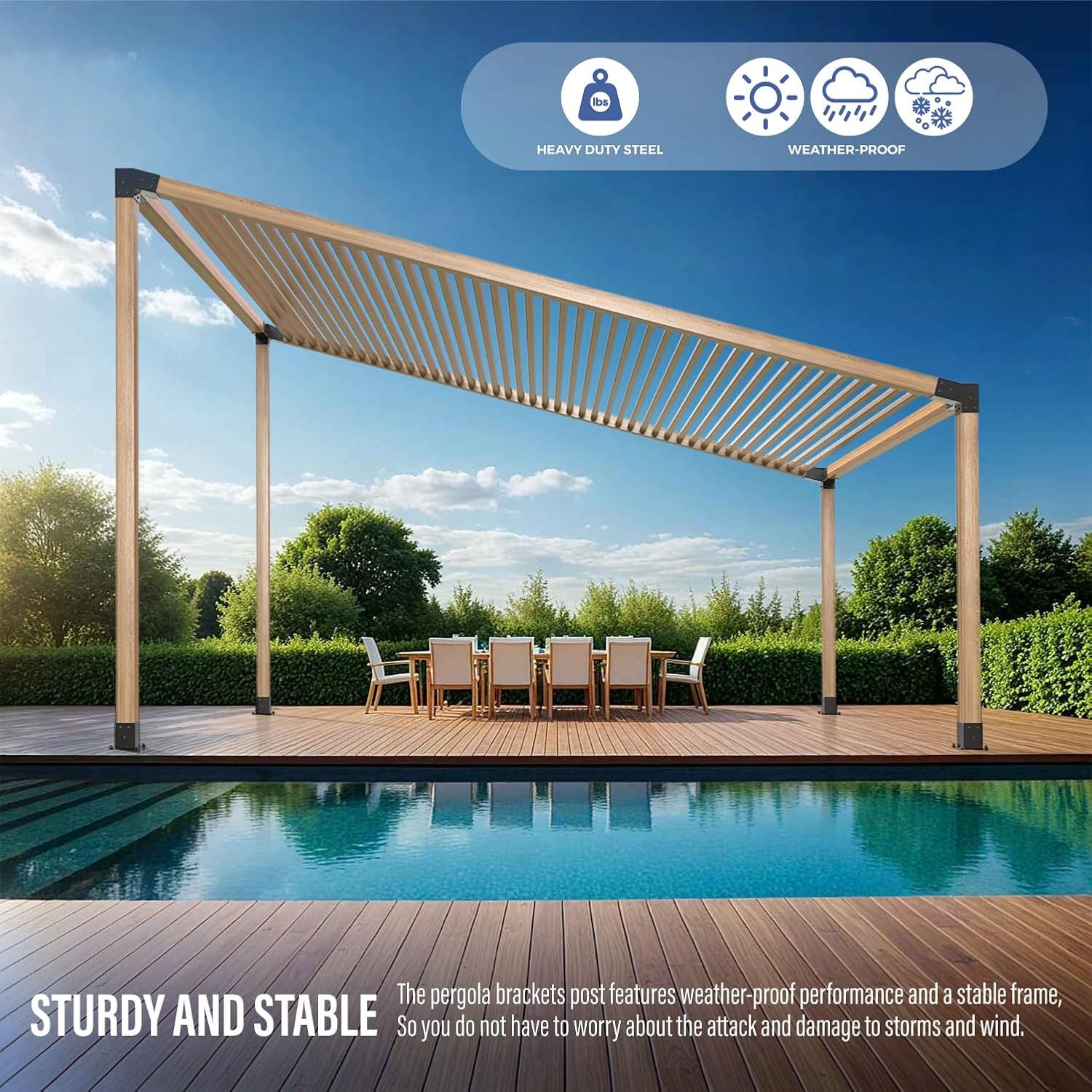 15° Pergola Bracket, 75° Corner 3-Way Pergola Right Angle Bracket with Post Base, Raised Wood Bracket for 4'x4' (Inner Dimensions: 3.5'x3.5') Wooden Beam, Pergola, Garden, Gazebo,... (Set 8)