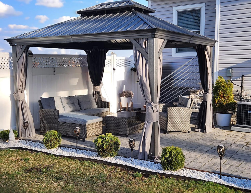 Kozyard Alexander 10' x 12' Hardtop Gazebo, Aluminum Frame with Galvanized Steel Double Roof, Outdoor Permanent Pavilion with Curtains and Netting for Patio, Backyard, Deck, Lawn (Gray)