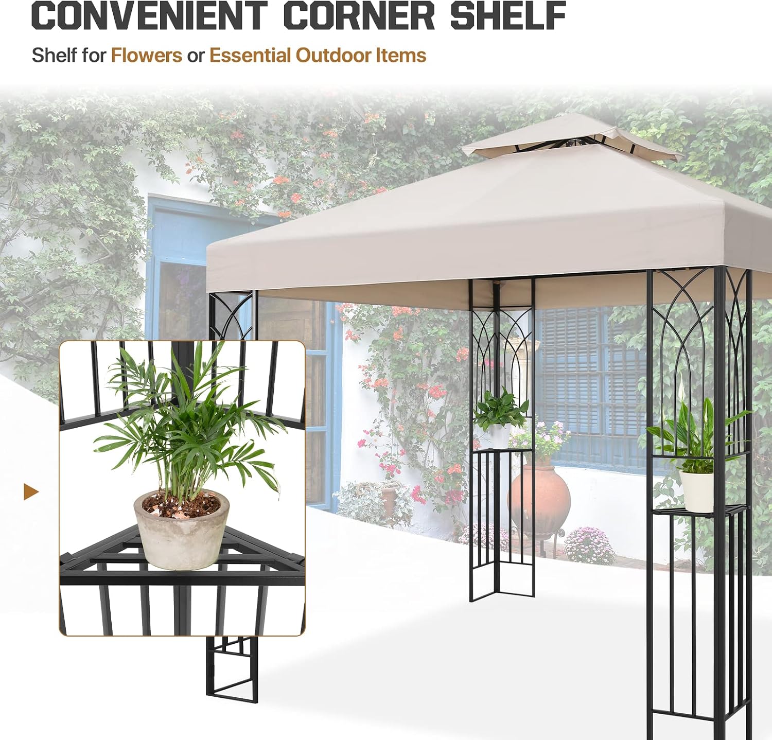 COOS BAY 8x8 Patio Gazebo with Corner Shelves, Two Tier Soft Top Canopy with UV Protection for Backyard, Garden, Lawn, Outdoor Events, Beige