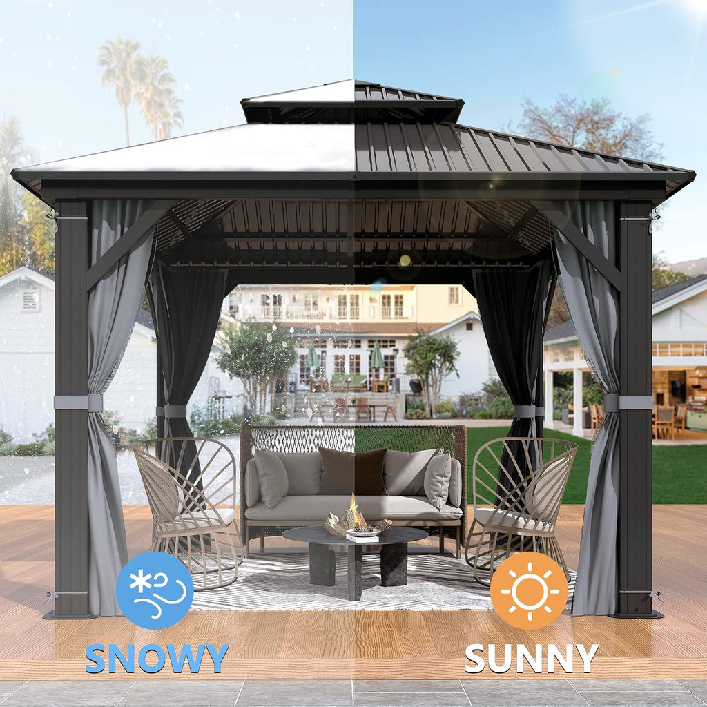 10'x10' Hardtop Gazebo, Outdoor Double Roof Galvanized Steel Gazebos, Aluminum Frame Permanent Pavilion with Curtains & Netting for Backyard, Patio, Deck