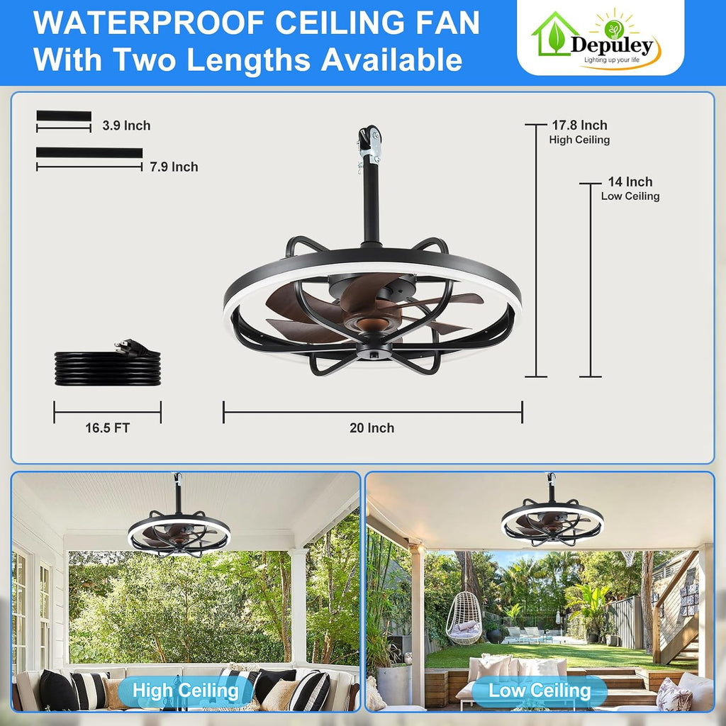 Depuley 20' Outdoor Ceiling Fan with Lights, Walnut and Black Waterproof Gazebo Hanging Fan with Remote App Control, Dimmable Plug in Caged Outdoor Ceiling Fans for patios Porch 6-Speeds