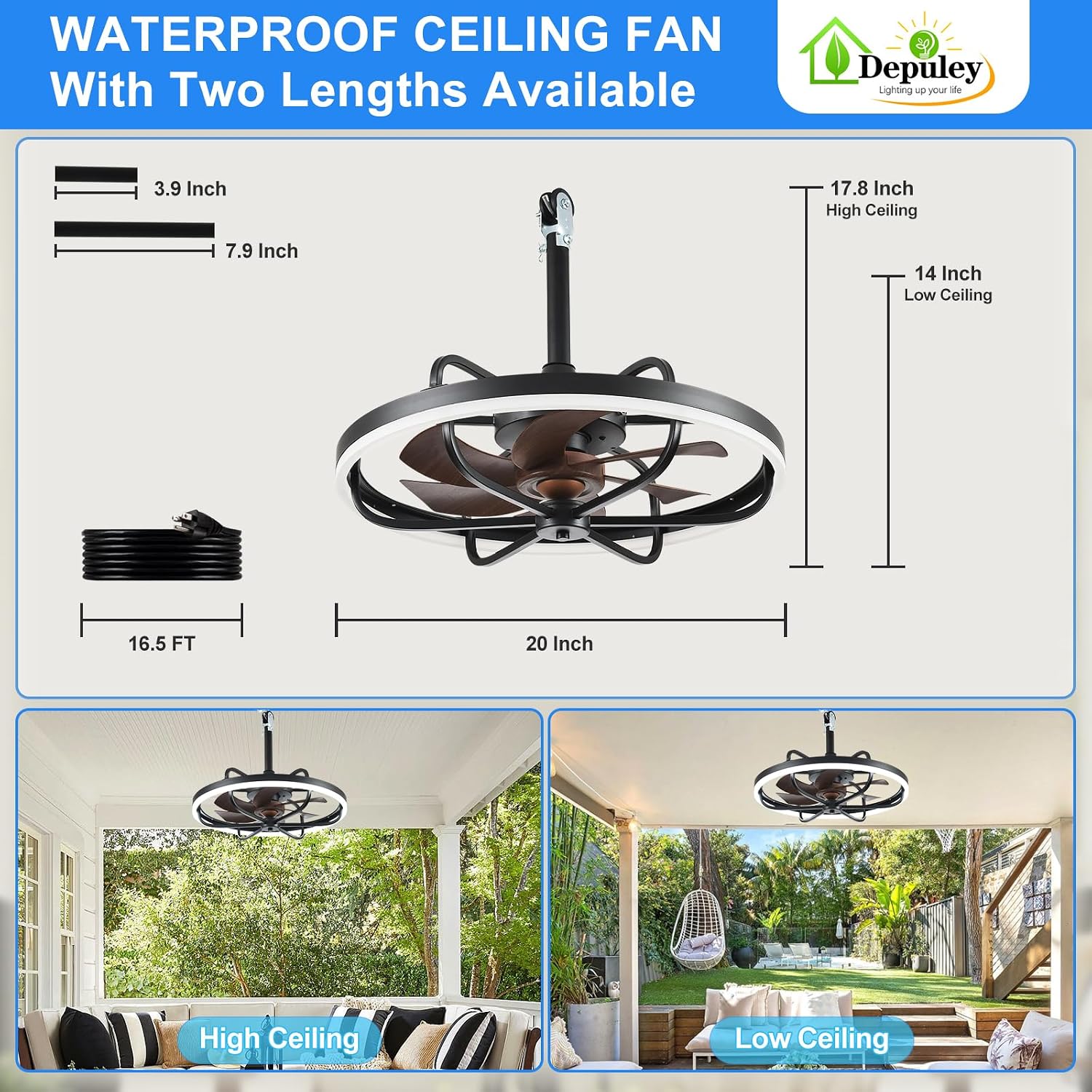 Depuley 20' Outdoor Ceiling Fan with Lights, Walnut and Black Waterproof Gazebo Hanging Fan with Remote App Control, Dimmable Plug in Caged Outdoor Ceiling Fans for patios Porch 6-Speeds
