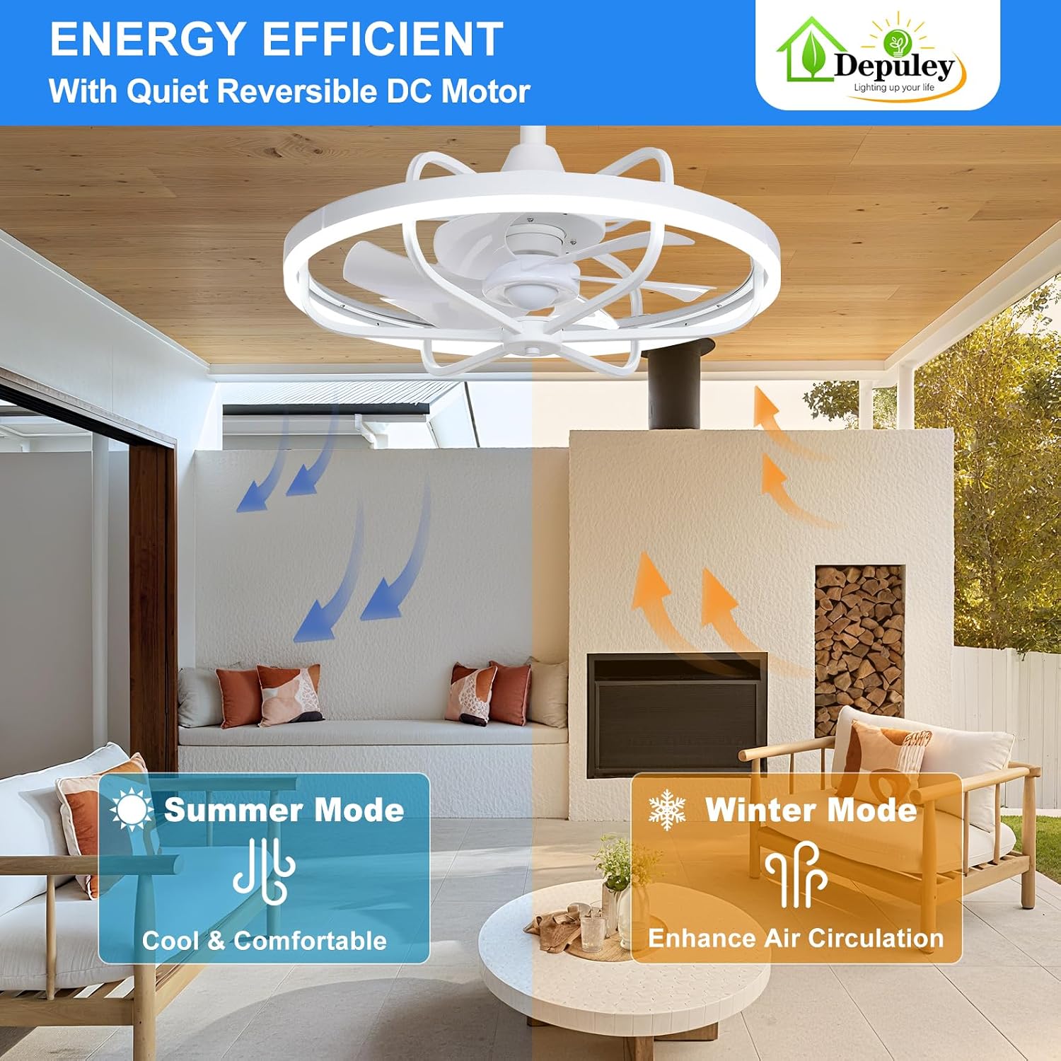 Depuley 20' Outdoor Ceiling Fan with Lights, White Waterproof Gazebo Hanging Fan with Remote App Control, Dimmable Plug in Caged outdoor Ceiling Fans for patios Porch 6-Speeds