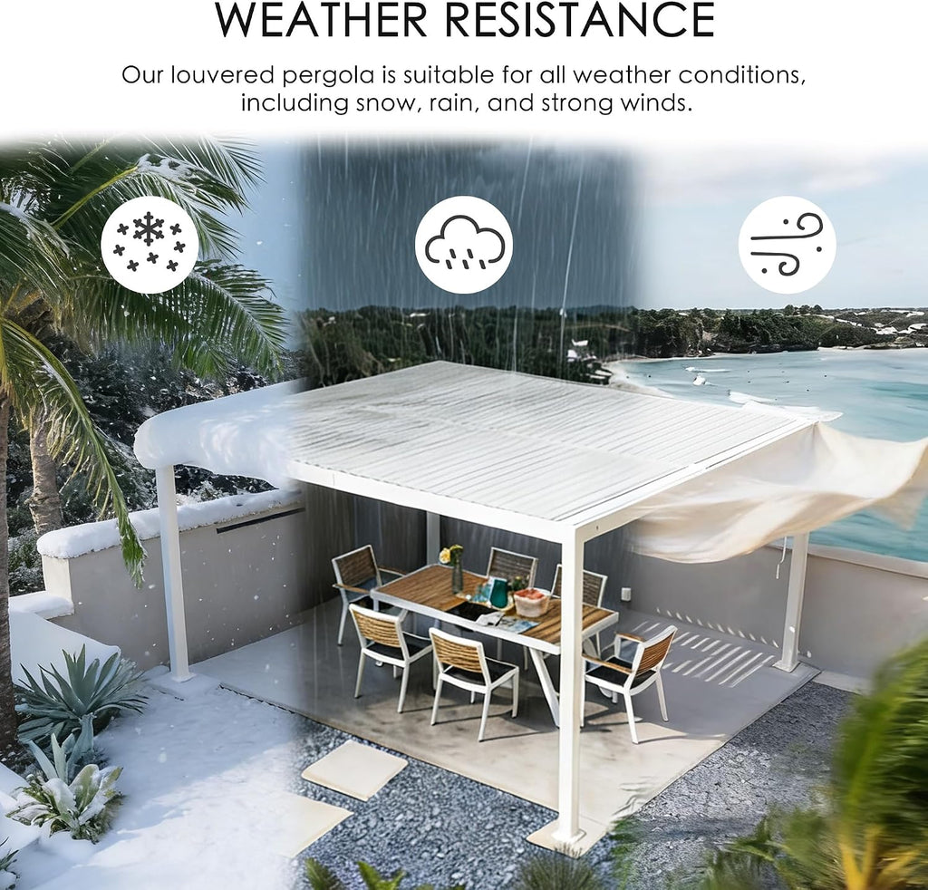 Kozyard Outdoor Louvered Pergola 12' x 12' Pergola Sun Shade All-Weather Aluminum Packing Shelter with Drainage System Adjustable Roof Waterproof for Poolside Balcony Patio Garden Yard White