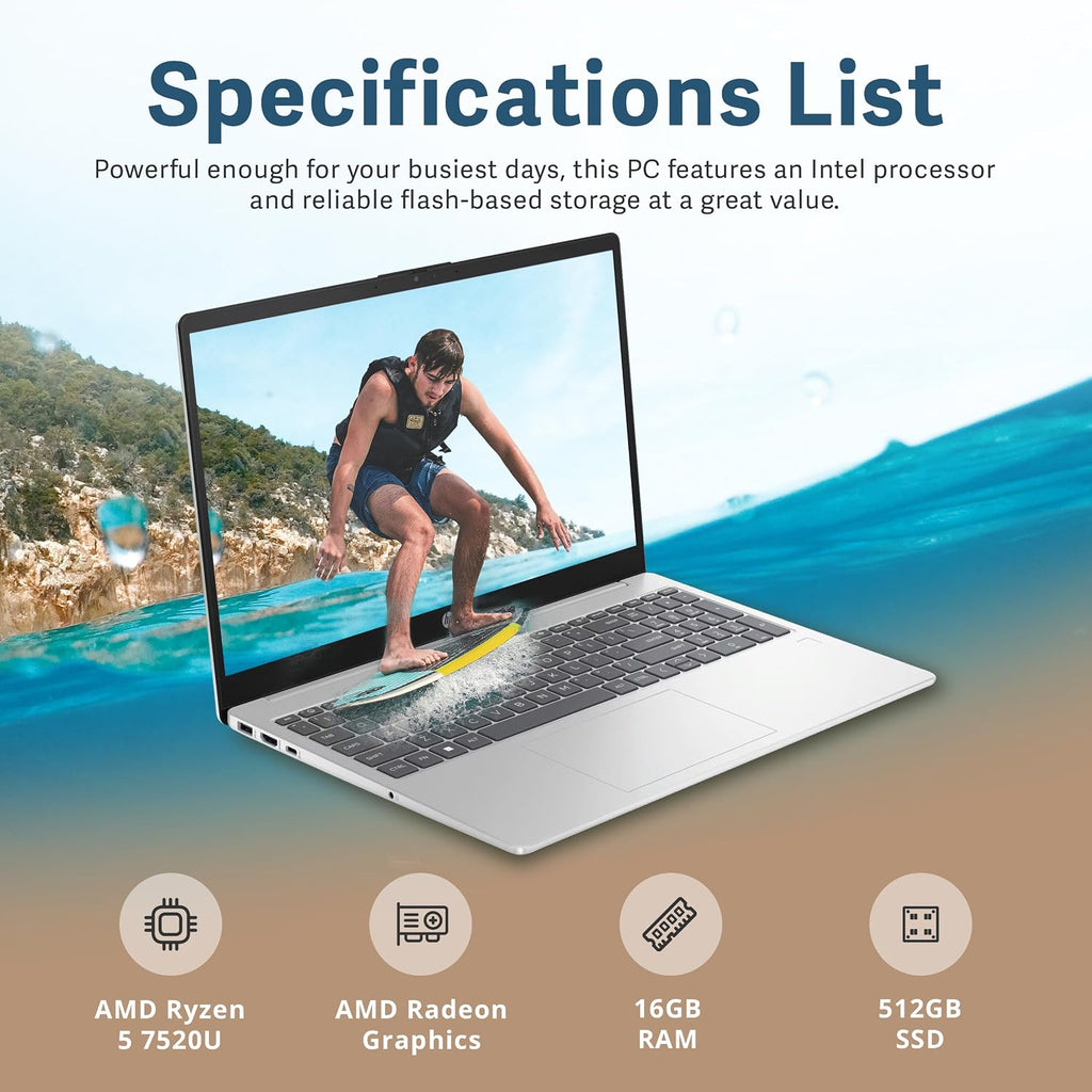 HP 15.6' Full HD Business Laptop, AMD Ryzen 5 7520U Processor, 16GB RAM, 512GB SSD, AMD Radeon Graphics, Bluetooth, Wi-Fi, Win11 Pro, Silver, 32GB Hotface USB Card