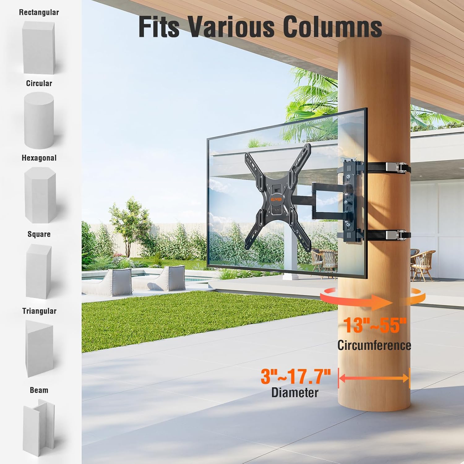 ELIVED Outdoor Pillar TV Mount for Most 26'-60' TVs, Column TV Mount Weatherproof for Gazebo Patio Pergola, No Drill tv Bracket Swivel and Tilt, Fits Multi-Shaped Poles, Max VESA 400x400mm, 77 Lbs.