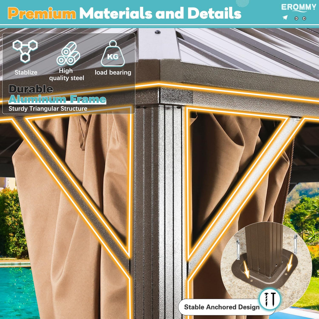 EROMMY 10' x 10' Hardtop Gazebo, Aluminum Frame Gazebos with Galvanized Steel Double Roof, Permanent Outdoor Metal Pavilion with Curtain and Netting for Patio, Lawn, Deck