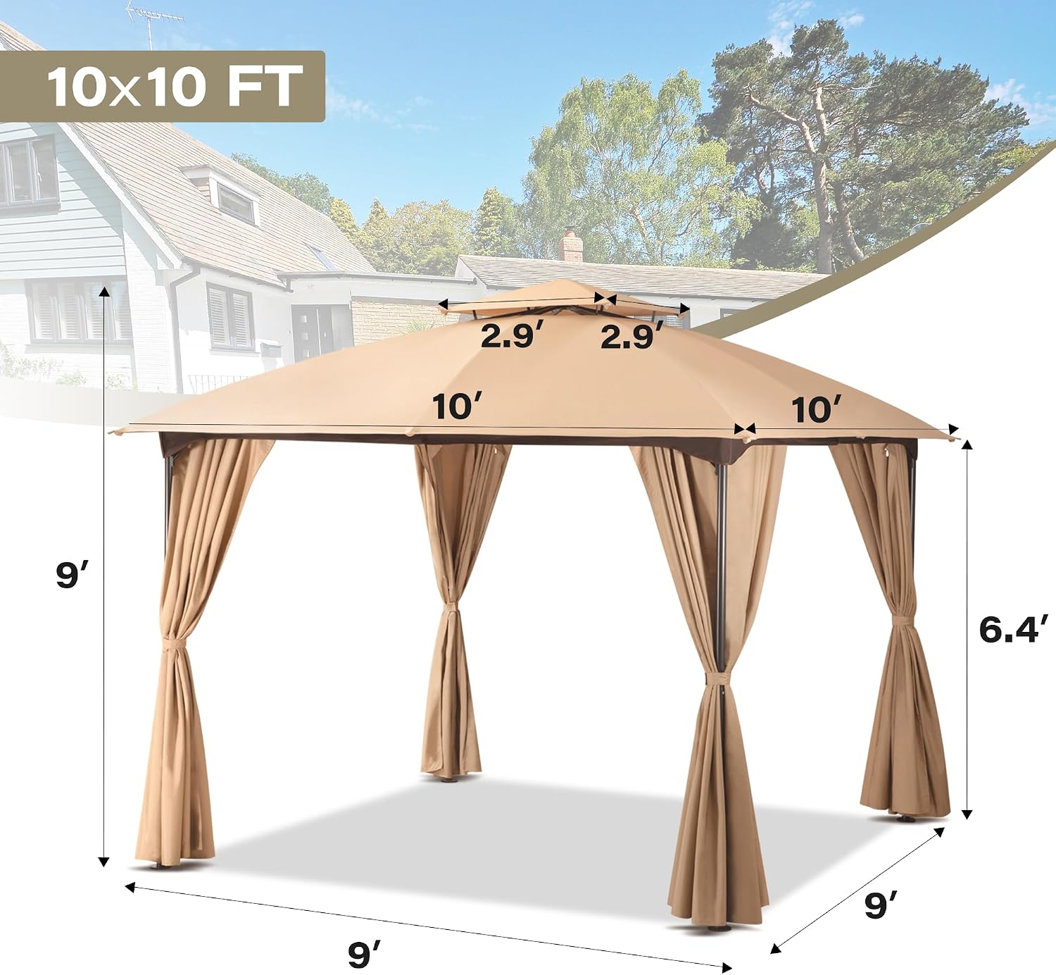 LAUSAINT HOME 10'x10' Patio Arc Gazebo, Outdoor Canopy Tent with Curved Roof Design, Double Tier Top, Privacy Curtains & Wind-Resistant Ropes, Backyard Garden Lawn, Khaki
