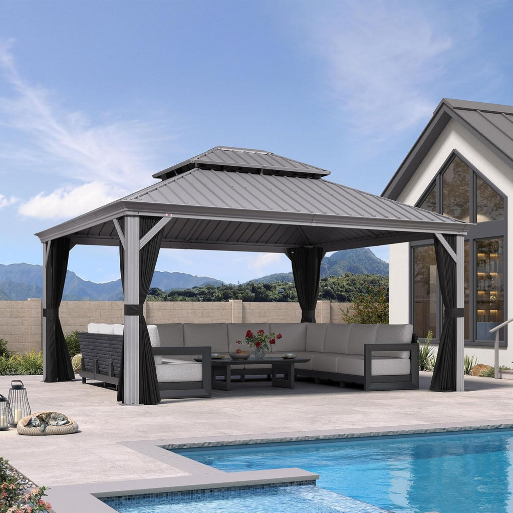 PURPLE LEAF 13' x 15' Hardtop Aluminum Gazebo with Double Metal Roof Heavy Duty Permanent Gazebo for Patio Deck Lawn Garden All Weather Outdoor Pavilion Gazebos, Light Grey