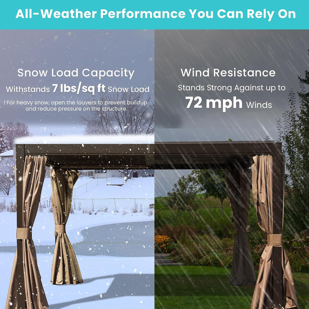 Domi Outdoor Pergola 10' x 12', Aluminum Louvered Pergola with Adjustable Louvers, Full Aluminum Frame, Built-in Gutter System, Modern Patio Gazebo for Deck Garden Patio, Brown
