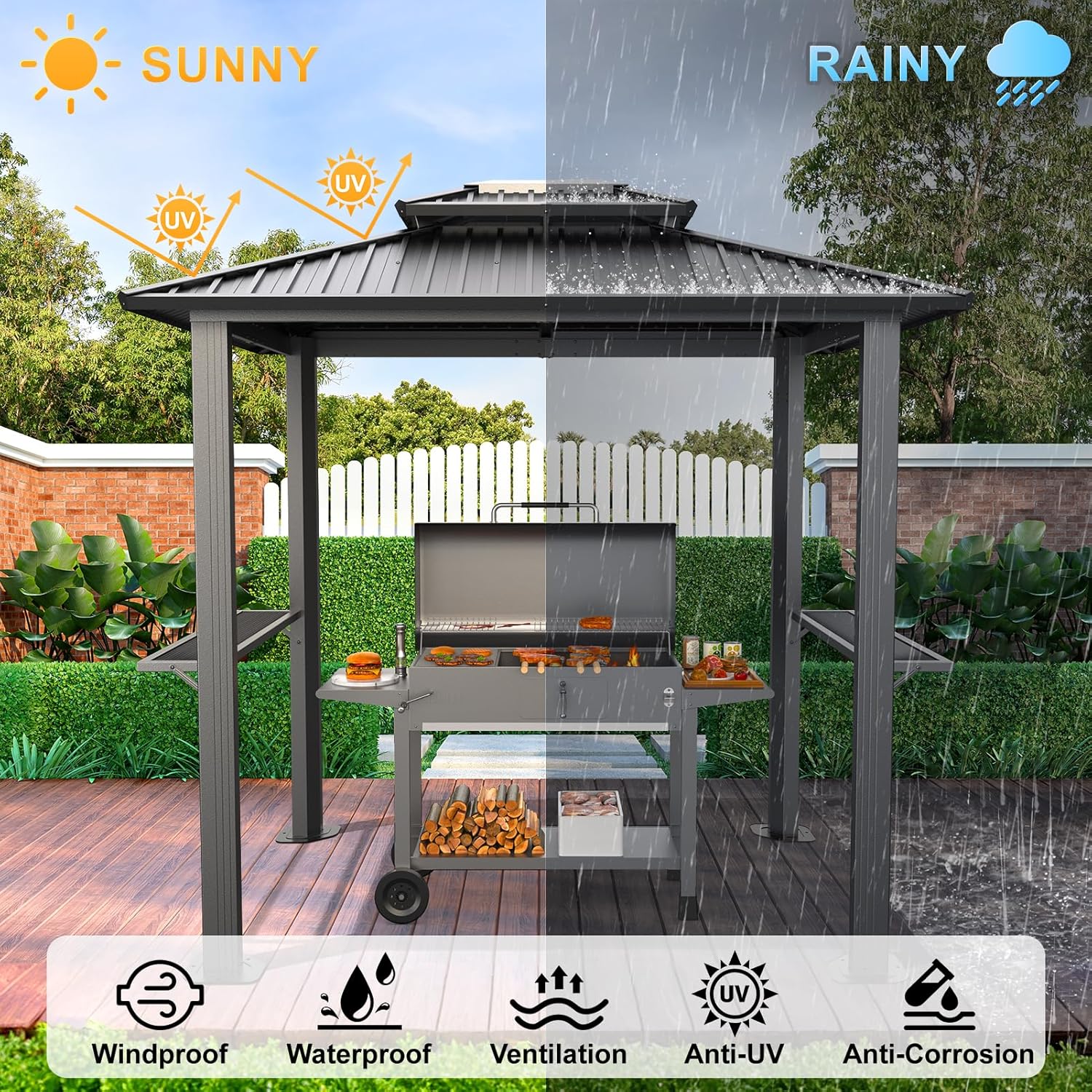 Hoteel 6x8 Hardtop Grill Gazebo, Outdoor Patio BBQ Gazebo with Galvanized Steel Double Roof, Hardtop Barbecue Canopy with 2 Side Shelves for Deck Lawn Backyard Garden,Black