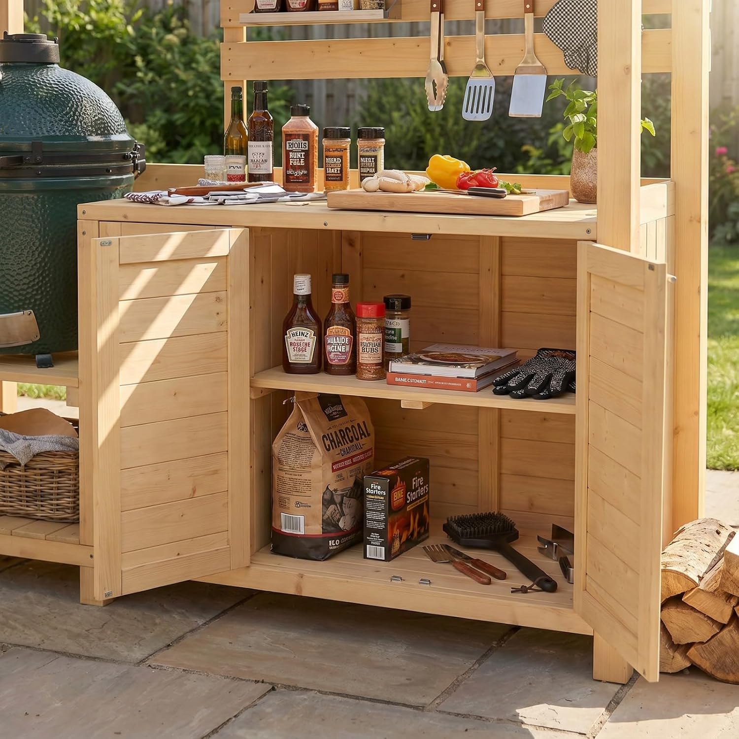 MOUMON 6.7FT Outdoor Grill Gazebo with Trash Bin Cabinet, Cedar Wood BBQ Pavilion with Shelves & Cabinet, Patio Entertain Shade Pavilion for Backyard Garden Beige