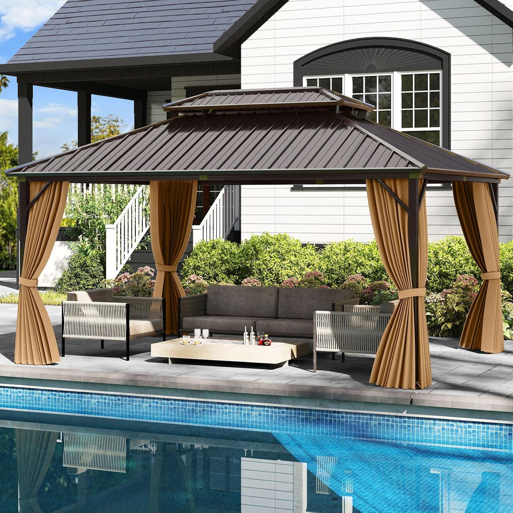 Tangkula 12x16 FT Hardtop Gazebo, Aluminum Permanent Pavilion Shelter with Curtains & Netting, Heavy-Duty Double Galvanized Metal Roof, Large Outdoor Gazebo for Patio Garden Deck Lawn Backyard