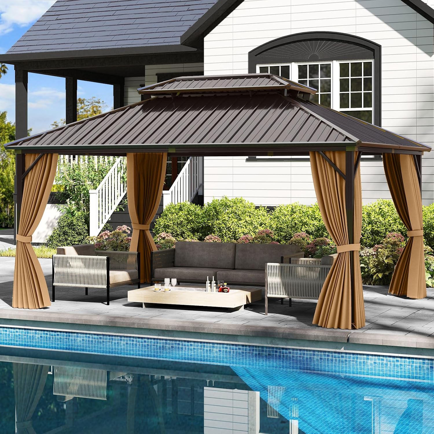 Tangkula 12x16 FT Hardtop Gazebo, Aluminum Permanent Pavilion Shelter with Curtains & Netting, Heavy-Duty Double Galvanized Metal Roof, Large Outdoor Gazebo for Patio Garden Deck Lawn Backyard