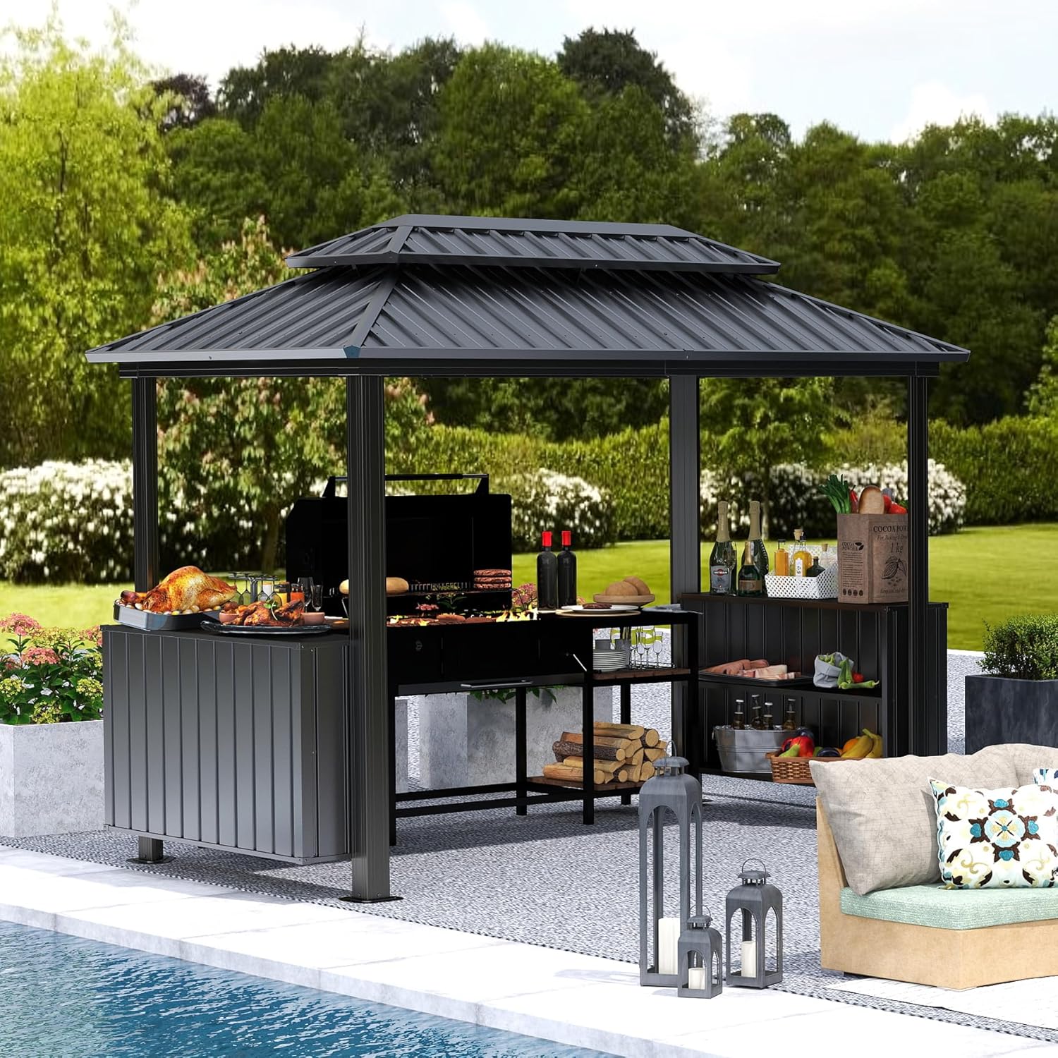 Domi 6'x10' Hardtop Grill Gazebo, BBQ Gazebo for Outdoor Grill with Double Galvanized Steel Roof, Patio Grill Canopy with 2 Cabinets and Ceiling Hooks for Backyard, Lawn, Garden, Gray