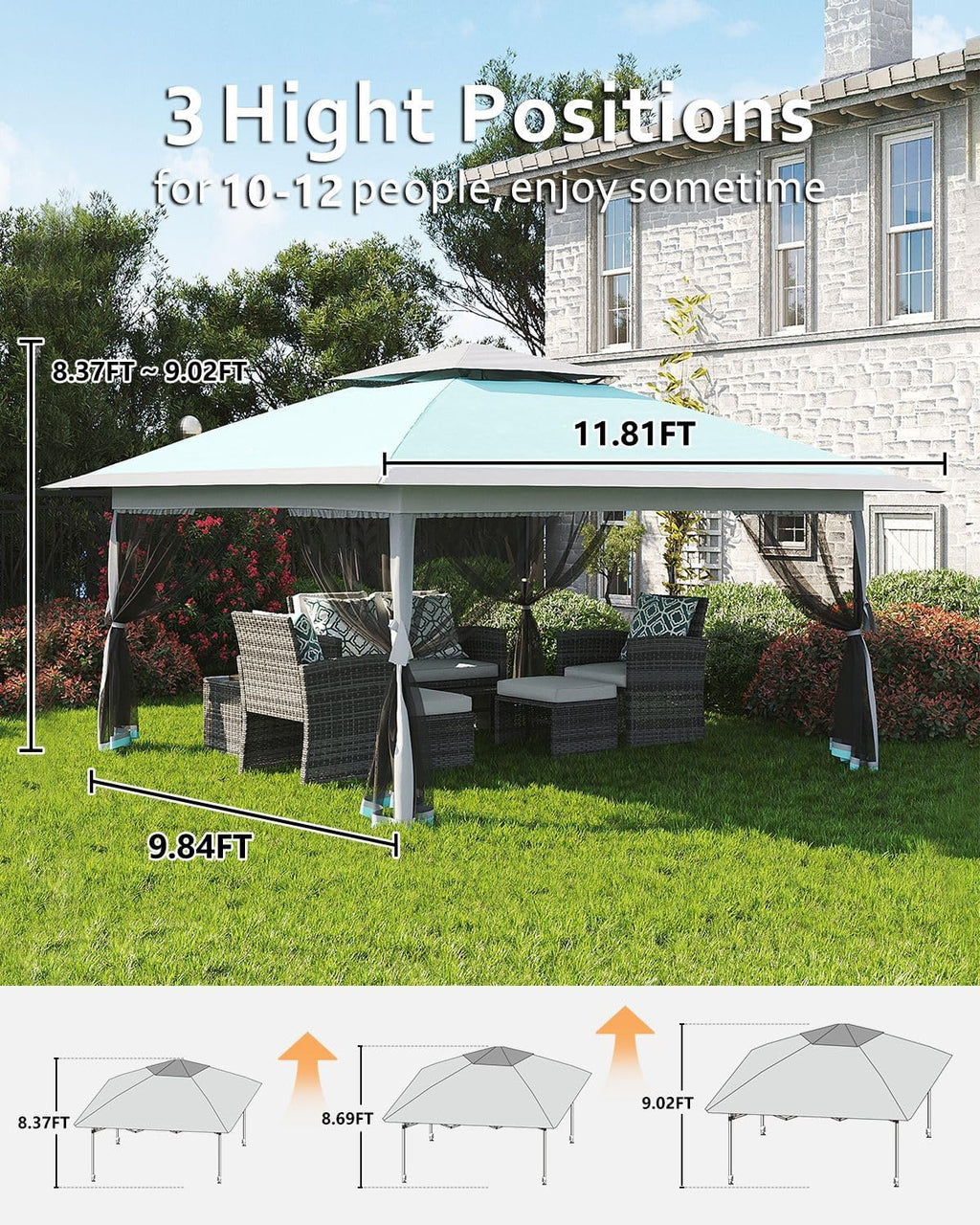 Garveelife Pop Up Gazebo 12x12, Canopy Tent with Mosquito Netting, One Push Setup for Backyard Patio Garden with 4 Sand Bags- Blue