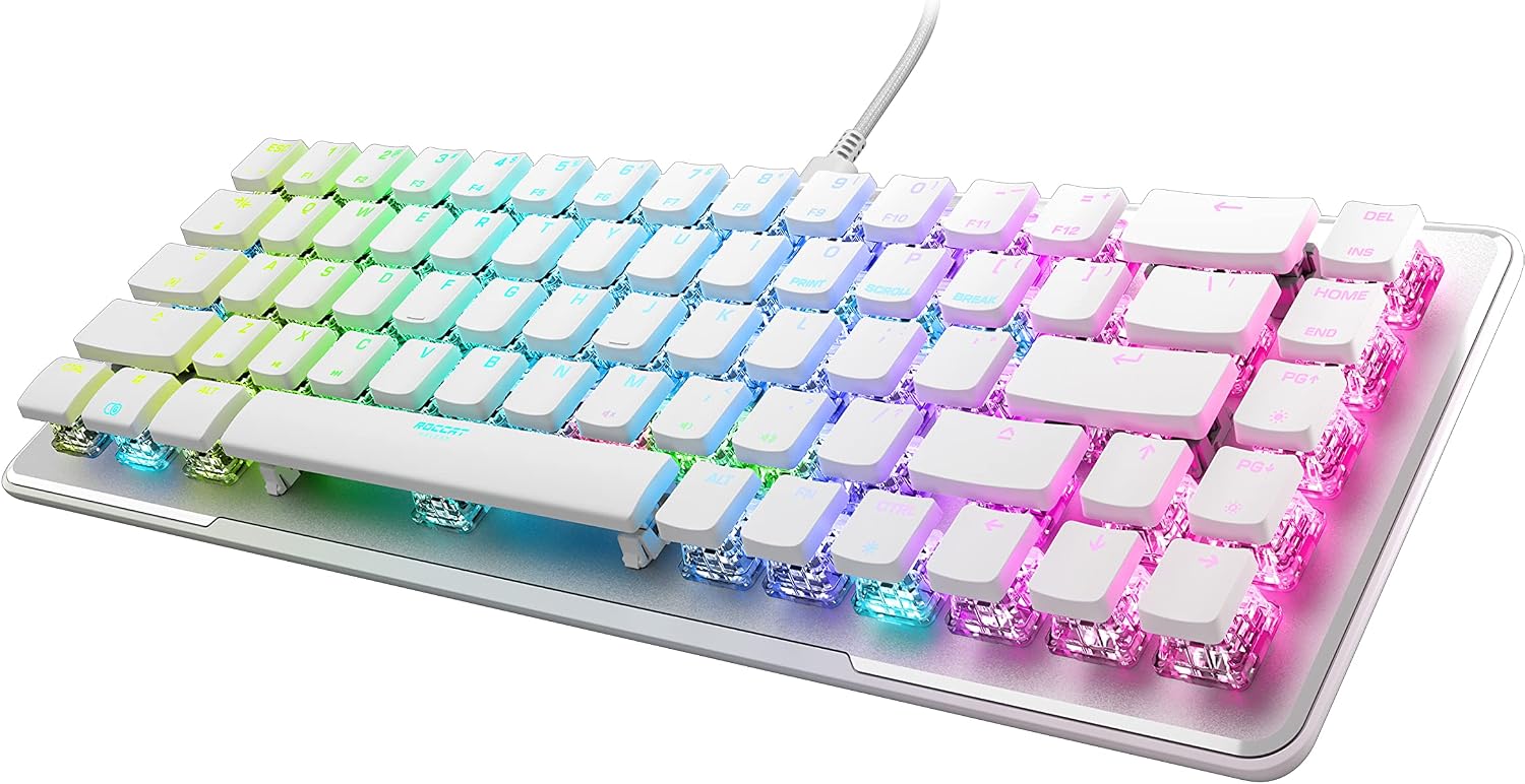 Roccat Vulcan II Mini–65% Optical PC Gaming Keyboard with Customizable RGB Illumination, Detachable Cable, Button Duplicator, On-board profiles, Aluminum Plate, 100 million Keystroke Durability -White