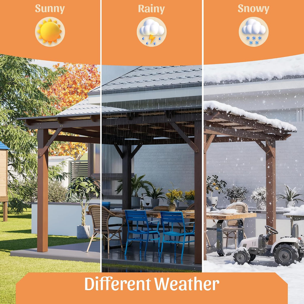 YOPTO 13.1x7.7 FT Gazebo,Outdoor Pergola W/Metal Roof,Lean to Gazebo W/UV-Resistant & Water Resistant,Wall-Mounted Heavy Duty Fir Wood Pergola W/Protective Corners,for Backyard Patio Garden,Brown