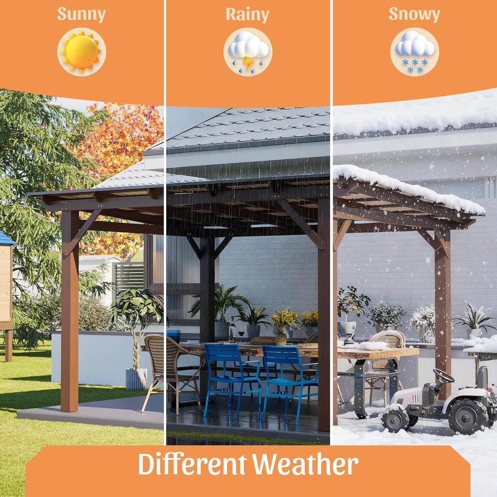 13 x 10 FT Spacious Wooden Garden Gazebo with Metal Roof, Spacious Outdoor Patio Shade Structure for Backyard, All-Weather Waterproof Brown Fir Wood Pergola, Brown