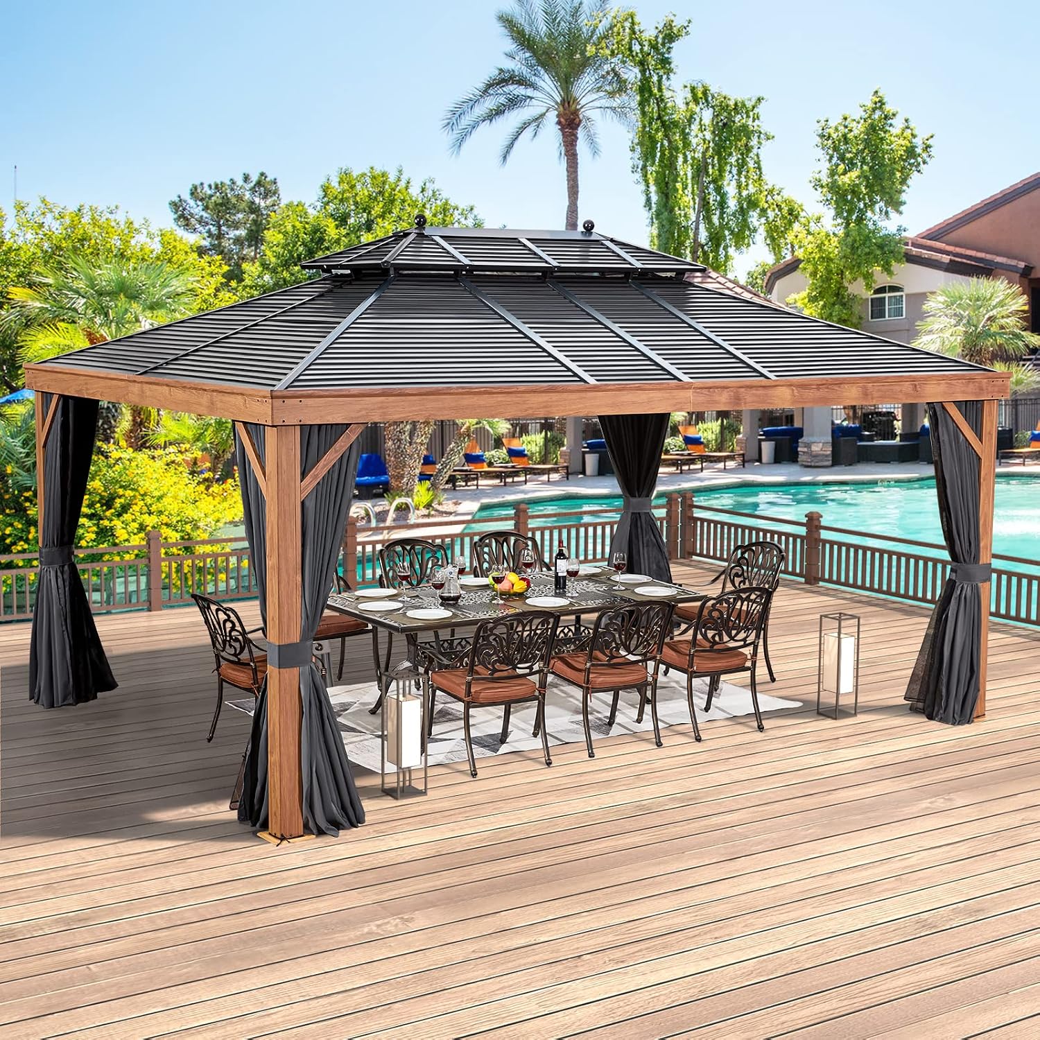 YOLENY 12' x 16' Hardtop Gazebo Faux Wood Grain with Aluminum Frame, Galvanized Steel Double Roof, Outdoor Patio Gazebo with Netting and Curtains for Backyard, Patio and Lawns
