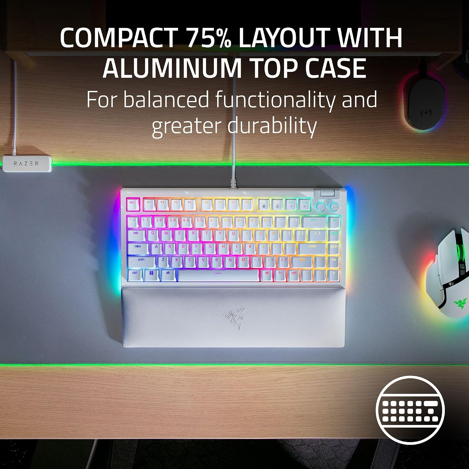 Razer BlackWidow V4 75% Mechanical Gaming Keyboard: Hot Swappable Design - Compact & Durable - Orange Tactile Switches - Chroma RGB - Roller & Media Keys - Wrist Rest - Snap Tap - White