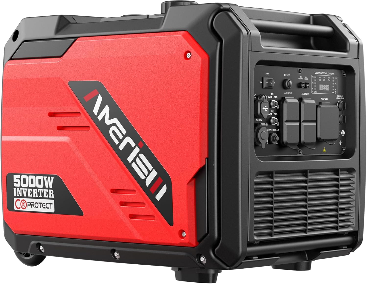 AMERISUN 5000W Inverter Generator Gas Powered, CO Sensor, Super Quiet Gas Generator with RV Ready 30A Outlet, Wheels Handle Kit, Parallel Capable for Home Backup Emergency Use Camping, EPA Compliant
