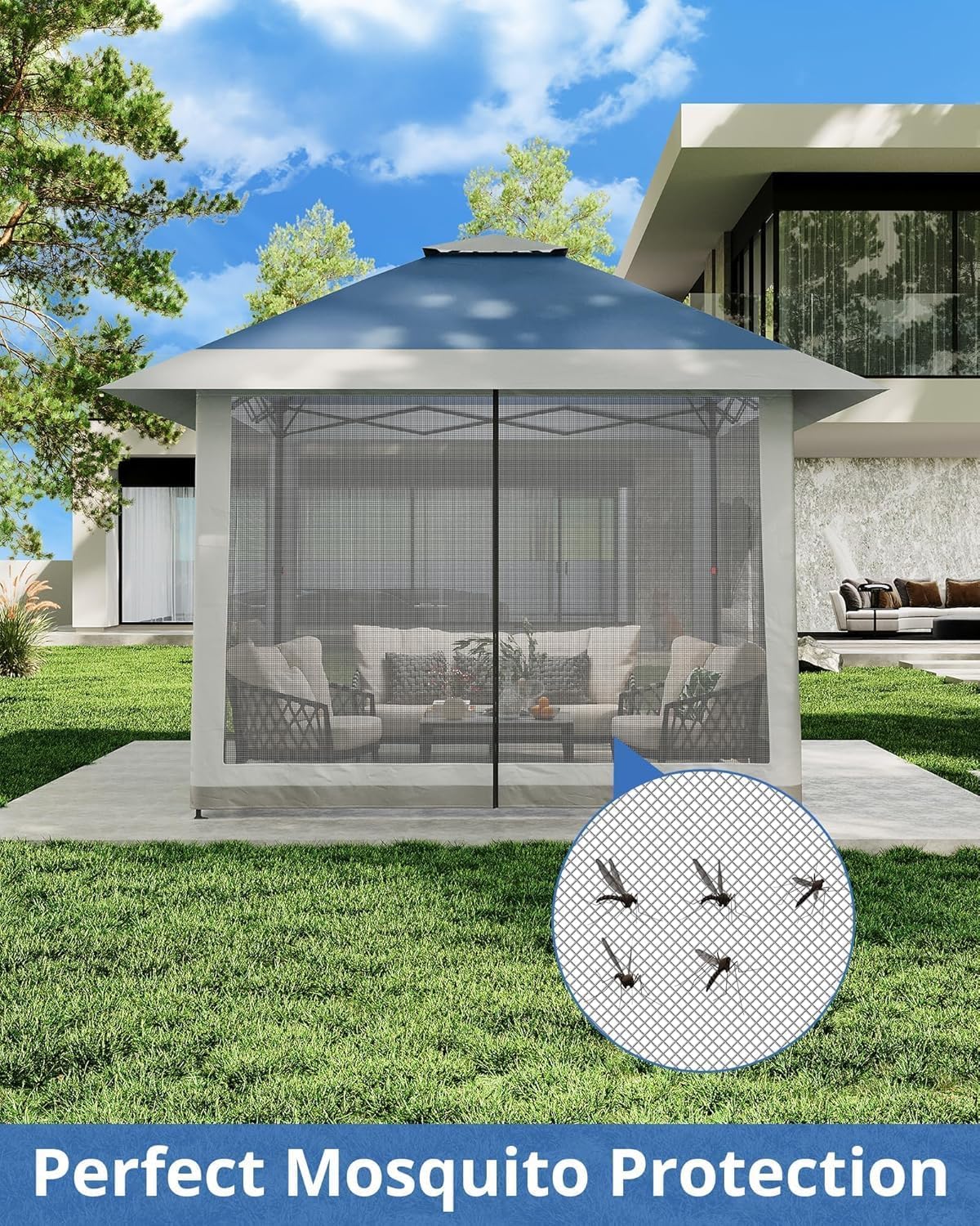 13x13 FT Pop-Up Gazebo, Hardtop Gazebo With Mosquito Netting, Double Roof and 3 Level Adjustable Height, UV-Resistant Outdoor UV-Resistant Outdoor for Backyard, Garden, Lawn (Navy Blue + Heather Gray)