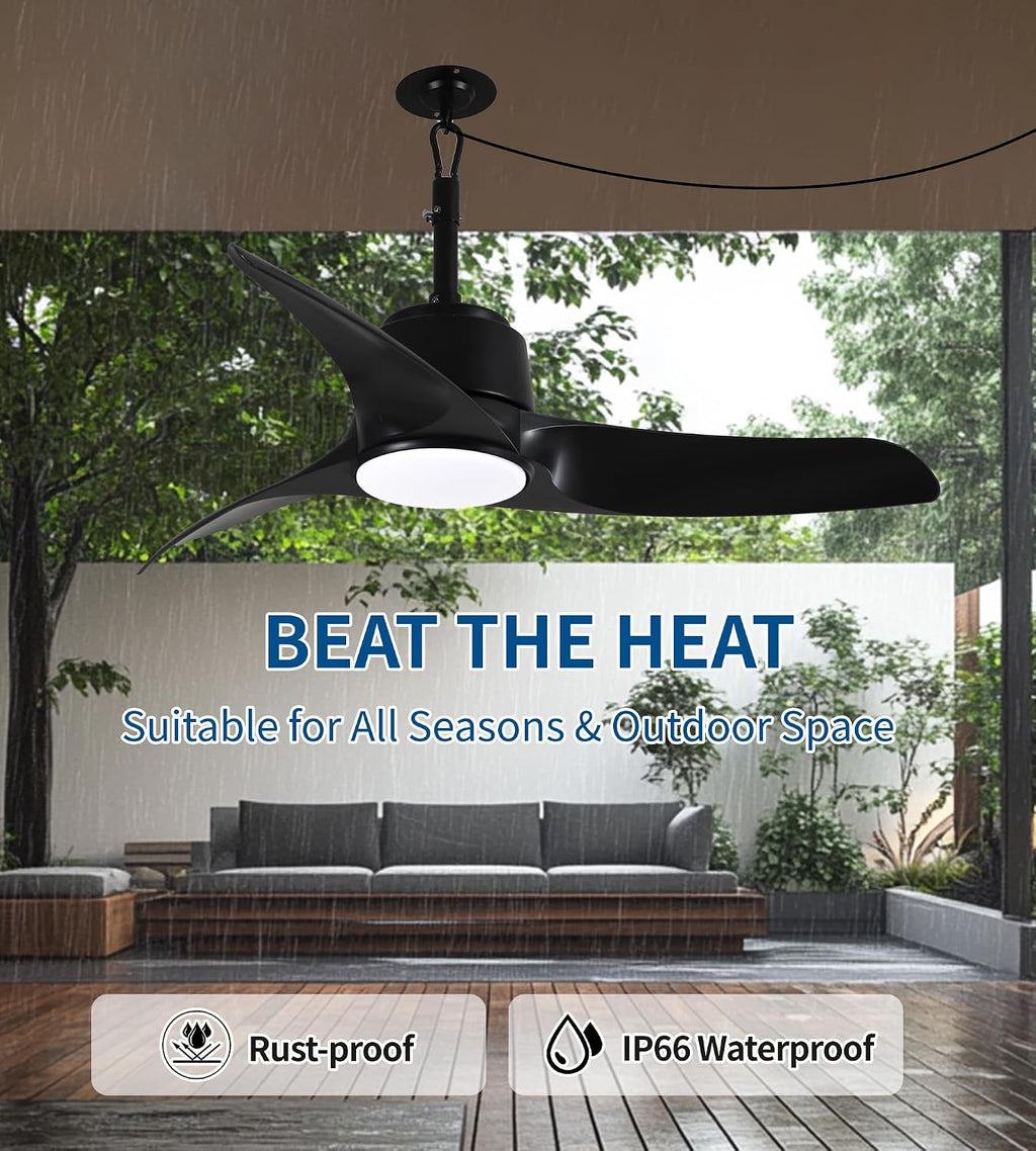 42' Outdoor Ceiling Fans with Lights, IP66 Wet Rated Waterproof Ceiling Fan with Remote Control, 6-Speed DC Motor, Farmhouse Gazebo Fan for Porch Patios Pavilion (Black)