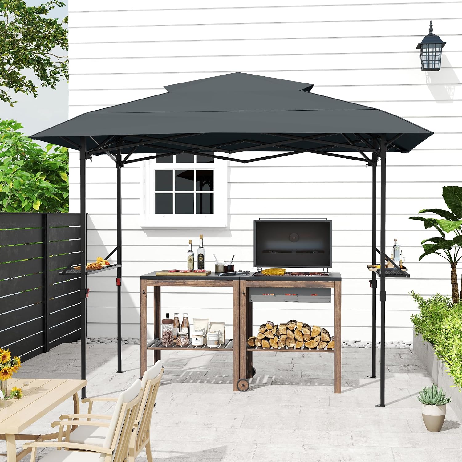 8×5 FT Pop Up Grill Gazebo, Outdoor Grill Canopy with Vented Roof & Side Shelves, Large Portable Canopy for Outdoor Barbecue, Backyard, Patio, Easy Assembly, Grey