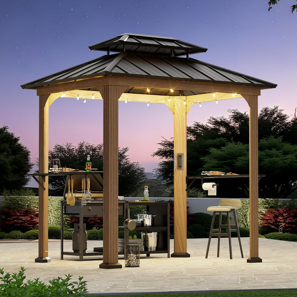 Big Leaf 6' x 8' Grill Gazebo with Aluminum Frame, Galvanized Steel Roof, Side Shelves, Paper Towel Holder, and USB/USB-C Charging Ports – Ideal BBQ Canopy for Patio，Wood-Looking